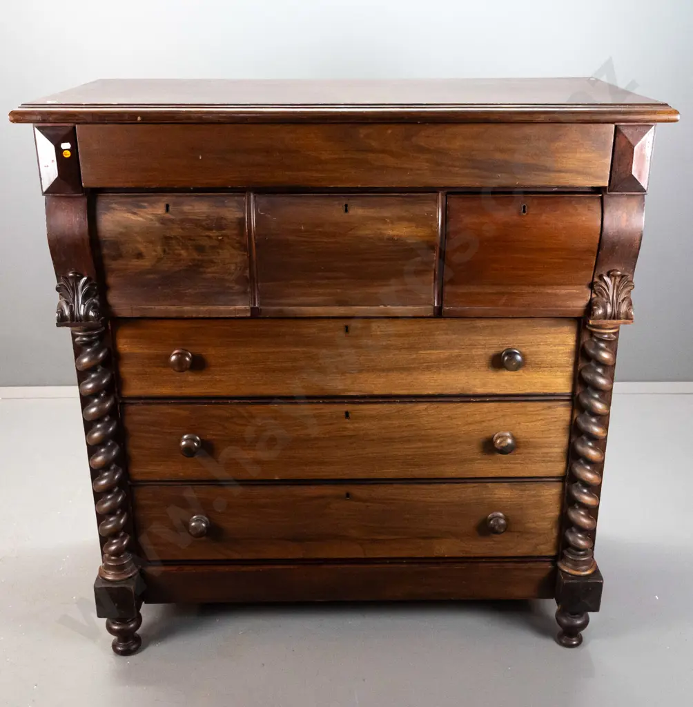 Victorian mahogany 7-drawer chest with 3 shaped top drawers, 3 with wooden knobs, turned half columns, on bun feet. Image 1++