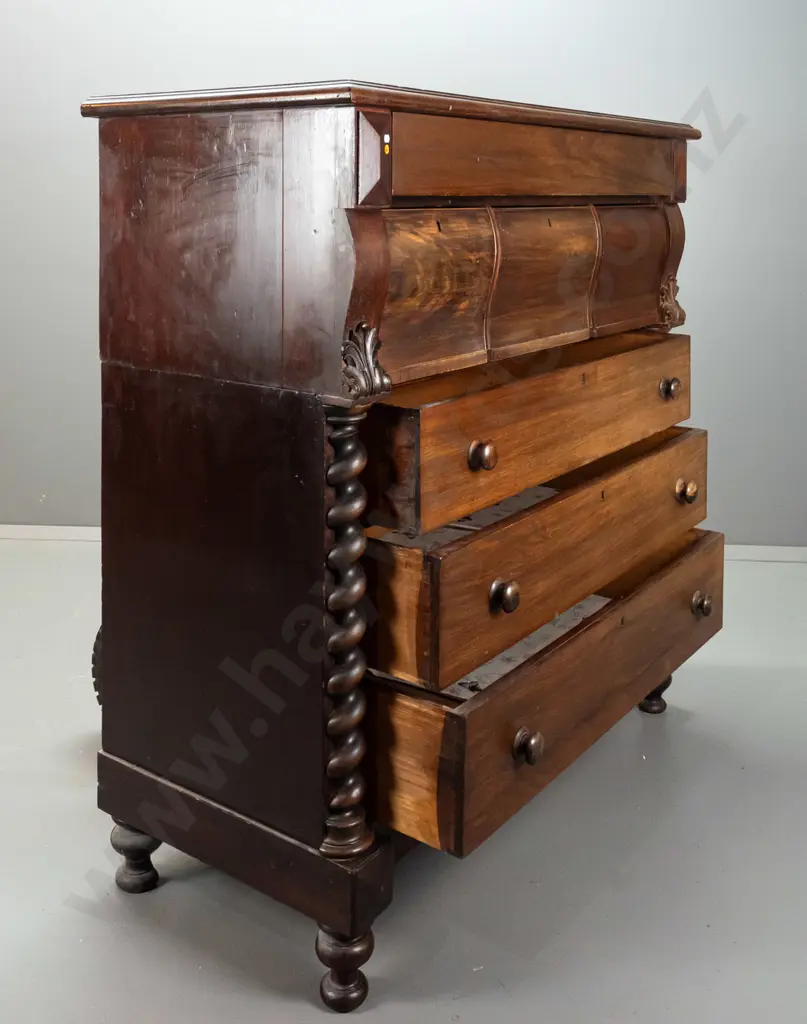 Victorian mahogany 7-drawer chest with 3 shaped top drawers, 3 with wooden knobs, turned half columns, on bun feet. Image 1++