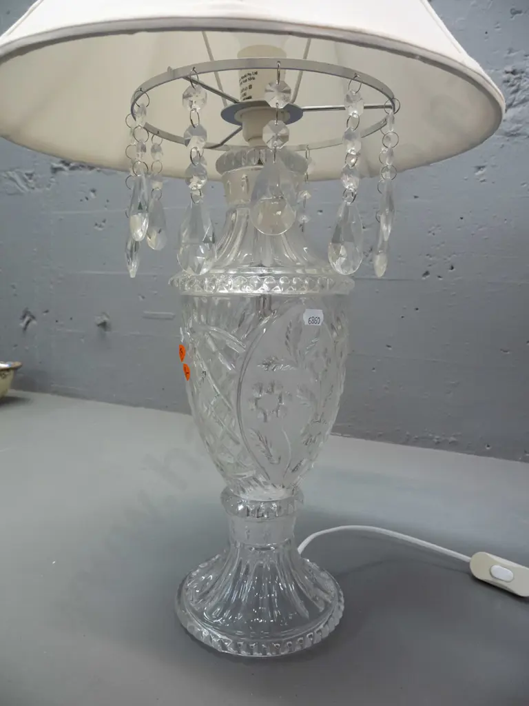 pair of clear moulded glass table lamps with fluted circular foot, ring of hanging lustres and waisted, panelled shades Image 1++