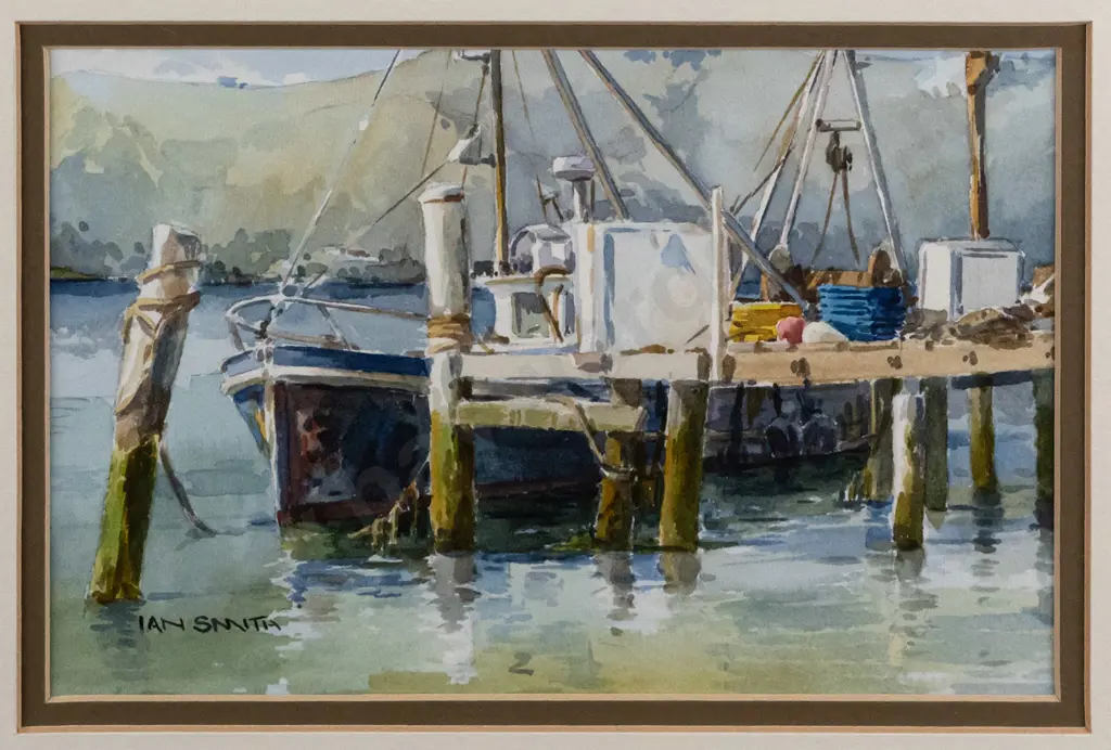 Ian Smith -- framed watercolour "Otakou Wharf" H-115 W-180 Image 1++