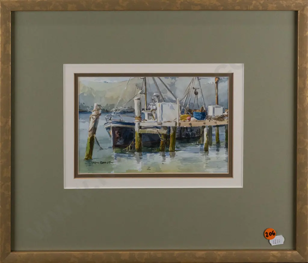 Ian Smith -- framed watercolour "Otakou Wharf" H-115 W-180 Image 1++