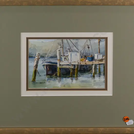 Ian Smith -- framed watercolour "Otakou Wharf" H-115 W-180