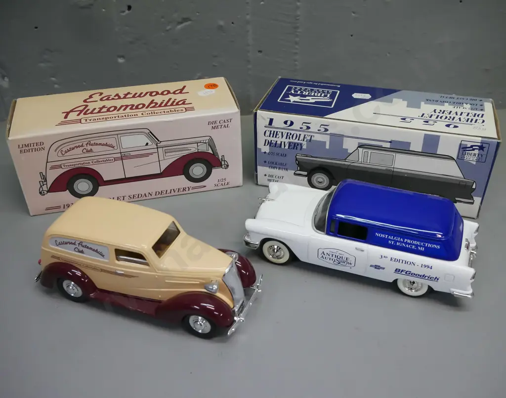 2x die-cast 1:25 scale automobile money banks w/ original boxes: 1937 Chevrolet sedan delivery & 1955 Chevrolet delivery Image 1++