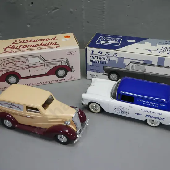 2x die-cast 1:25 scale automobile money banks w/ original boxes: 1937 Chevrolet sedan delivery & 1955 Chevrolet delivery