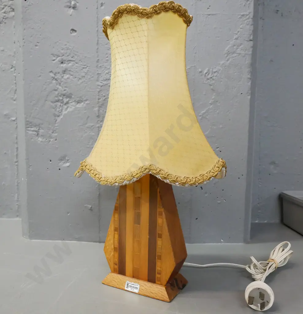 Sovereign ware Kaimanawa lamp w/ original label, label to base listing native timbers, waisted panelled shade. Going. Image 1++