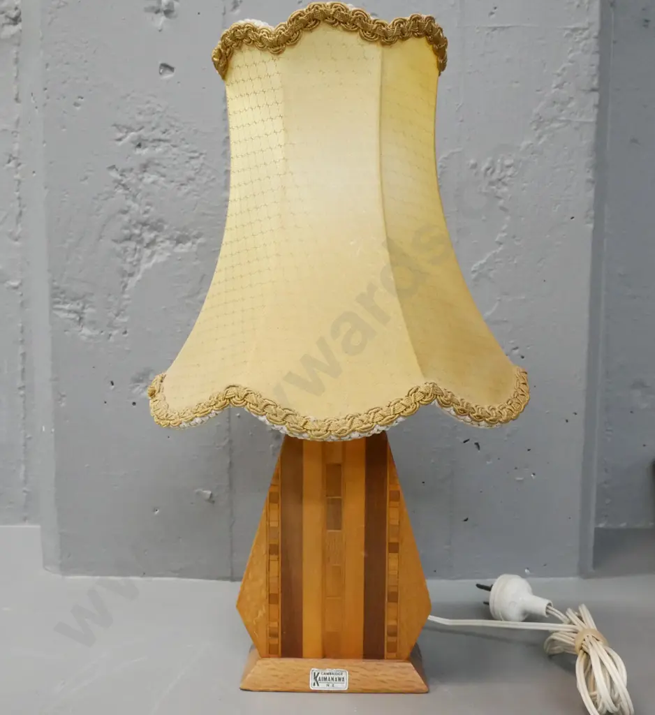Sovereign ware Kaimanawa lamp w/ original label, label to base listing native timbers, waisted panelled shade. Going. Image 1++