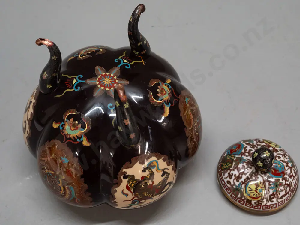 gourd-shaped cloisonne container with brass cylinder interior, on 3 legs, mythical beast motifs - one leg is loose, some Image 1++