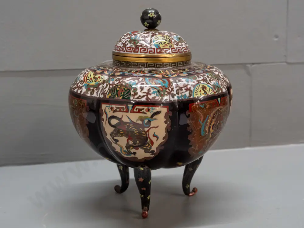 gourd-shaped cloisonne container with brass cylinder interior, on 3 legs, mythical beast motifs - one leg is loose, some Image 1++