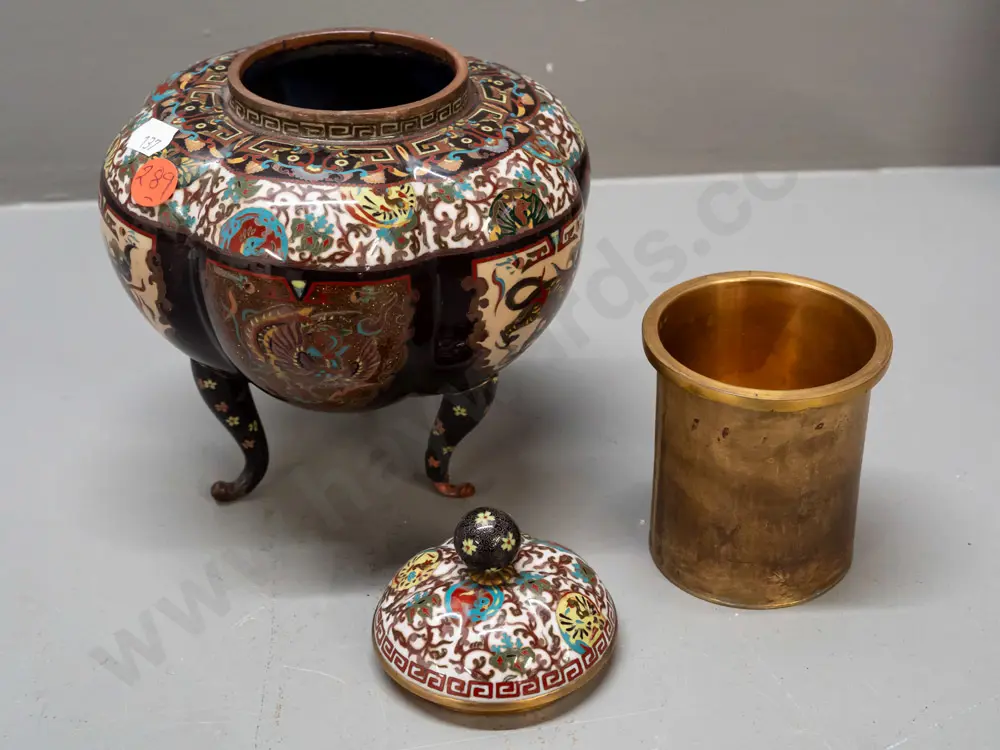 gourd-shaped cloisonne container with brass cylinder interior, on 3 legs, mythical beast motifs - one leg is loose, some Image 1++