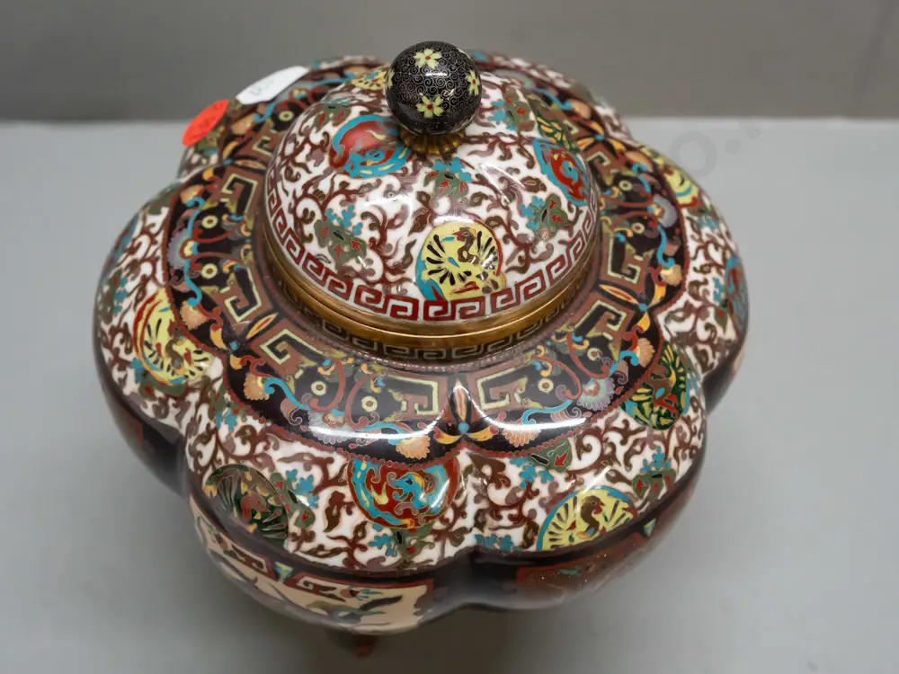 gourd-shaped cloisonne container with brass cylinder interior, on 3 legs, mythical beast motifs - one leg is loose, some Image 1++