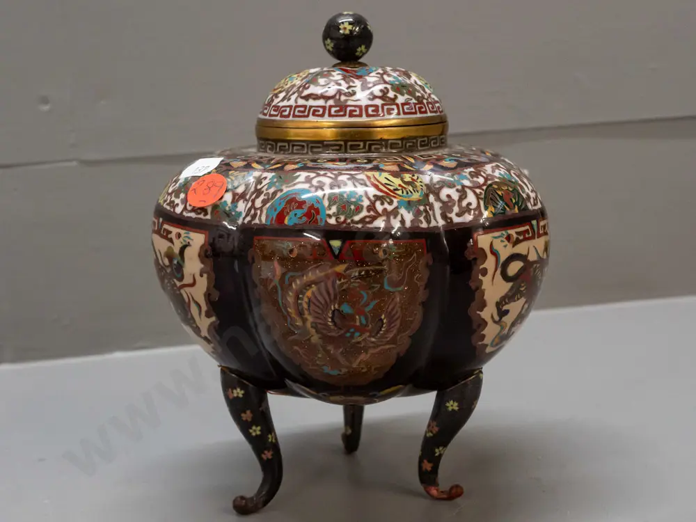 gourd-shaped cloisonne container with brass cylinder interior, on 3 legs, mythical beast motifs - one leg is loose, some Image 1++