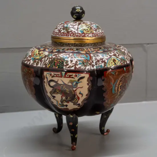 gourd-shaped cloisonne container with brass cylinder interior, on 3 legs, mythical beast motifs - one leg is loose, some