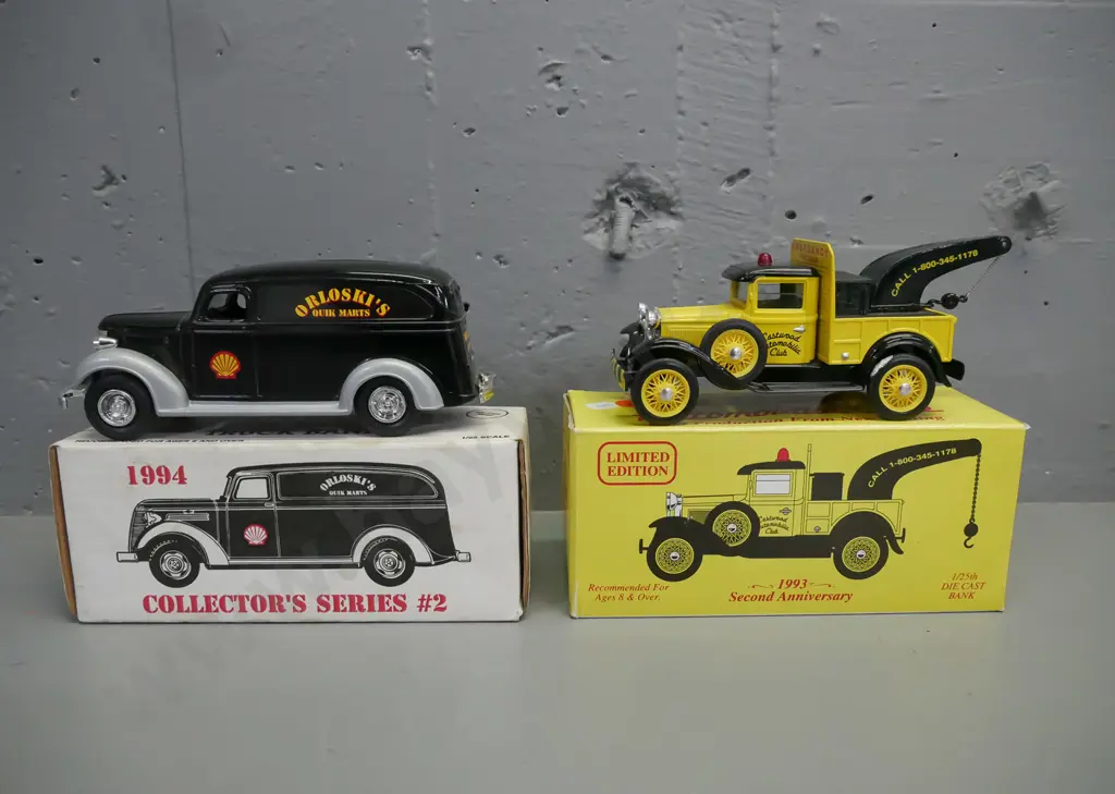2x die-cast 1:25 scale automobile money banks w/ original boxes: 1931 Ford wrecker truck & 1938 panel truck. Image 1++
