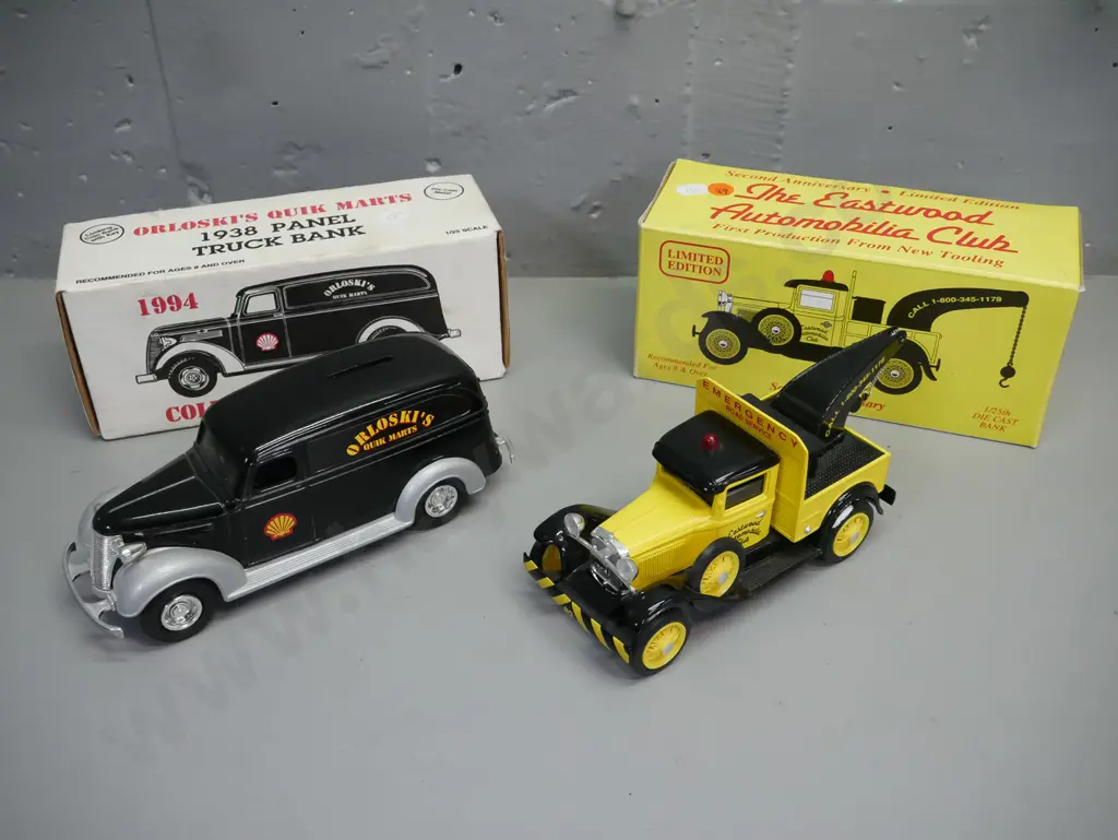 2x die-cast 1:25 scale automobile money banks w/ original boxes: 1931 Ford wrecker truck & 1938 panel truck. Image 1++