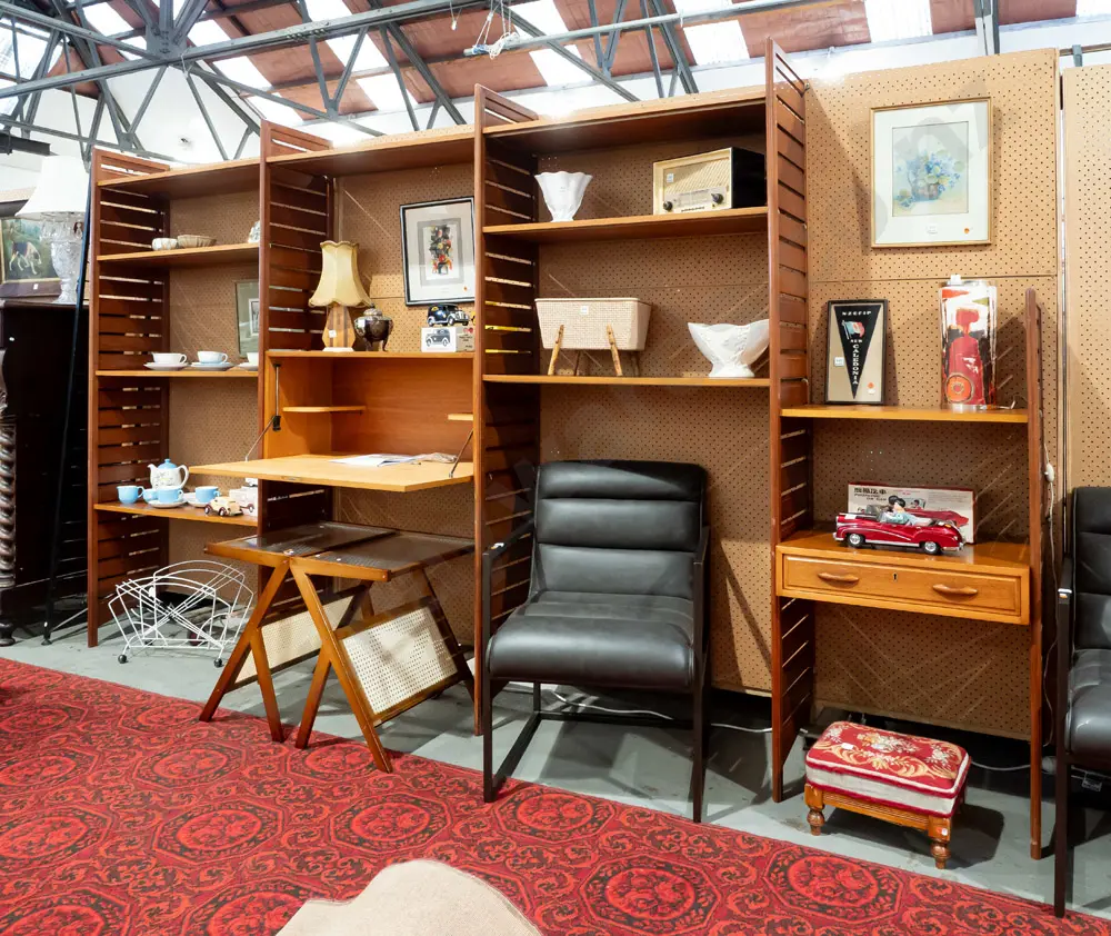 mid-century Ladderax system by Robert Heals for Staples UK - 4 bay setup with solid teak uprights, teak veneer shelves Image 1++