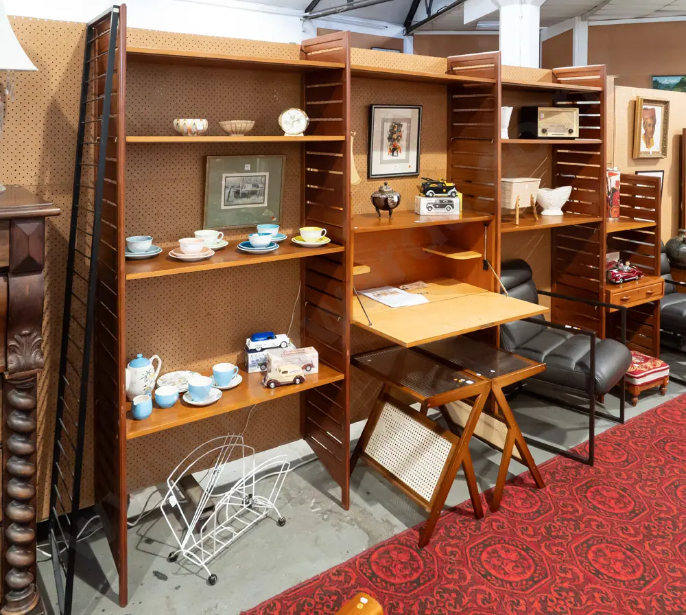 mid-century Ladderax system by Robert Heals for Staples UK - 4 bay setup with solid teak uprights, teak veneer shelves Image 1++
