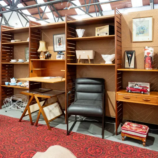 mid-century Ladderax system by Robert Heals for Staples UK - 4 bay setup with solid teak uprights, teak veneer shelves
