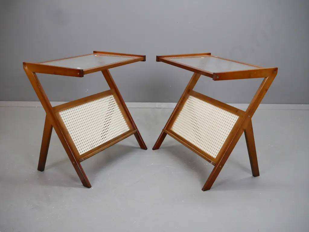 pair of contemporary side tables with X framed base, ribbed glass insert tops with pierced plastic insert Image 1++