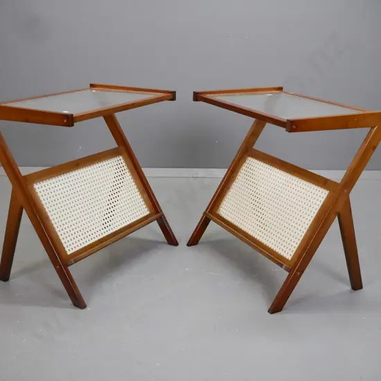 pair of contemporary side tables with X framed base, ribbed glass insert tops with pierced plastic insert