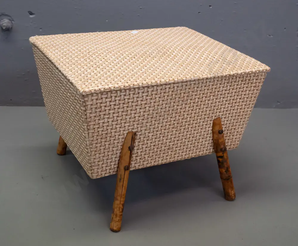 retro sewing box covered in 2-tone woven cane with lift off top, on splayed bamboo legs - minor wear, one leg has crack, Image 1++