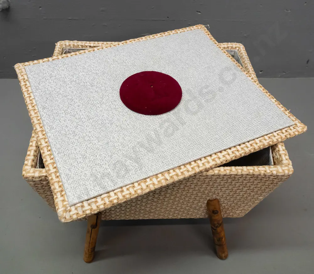 retro sewing box covered in 2-tone woven cane with lift off top, on splayed bamboo legs - minor wear, one leg has crack, Image 1++