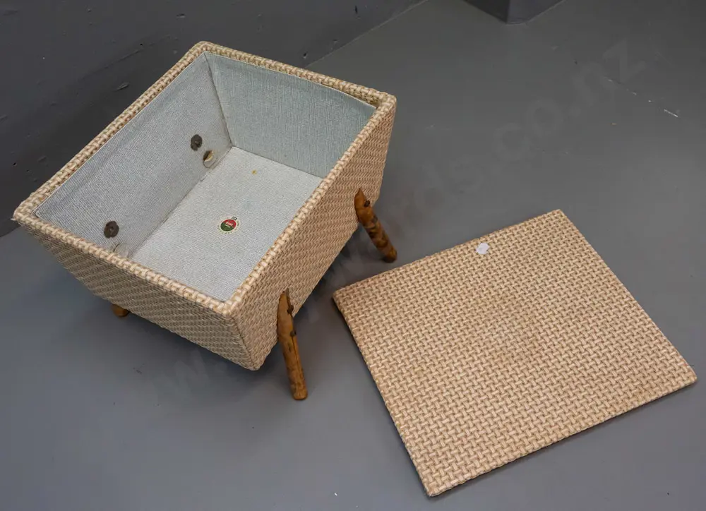 retro sewing box covered in 2-tone woven cane with lift off top, on splayed bamboo legs - minor wear, one leg has crack, Image 1++