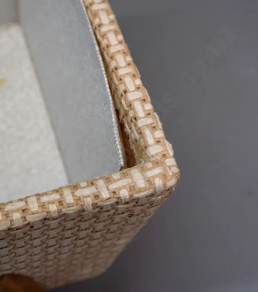 retro sewing box covered in 2-tone woven cane with lift off top, on splayed bamboo legs - minor wear, one leg has crack, Image 1++