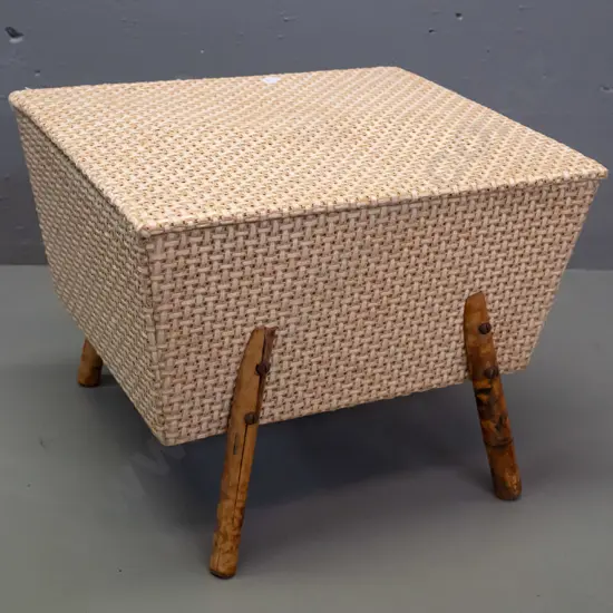 retro sewing box covered in 2-tone woven cane with lift off top, on splayed bamboo legs - minor wear, one leg has crack,