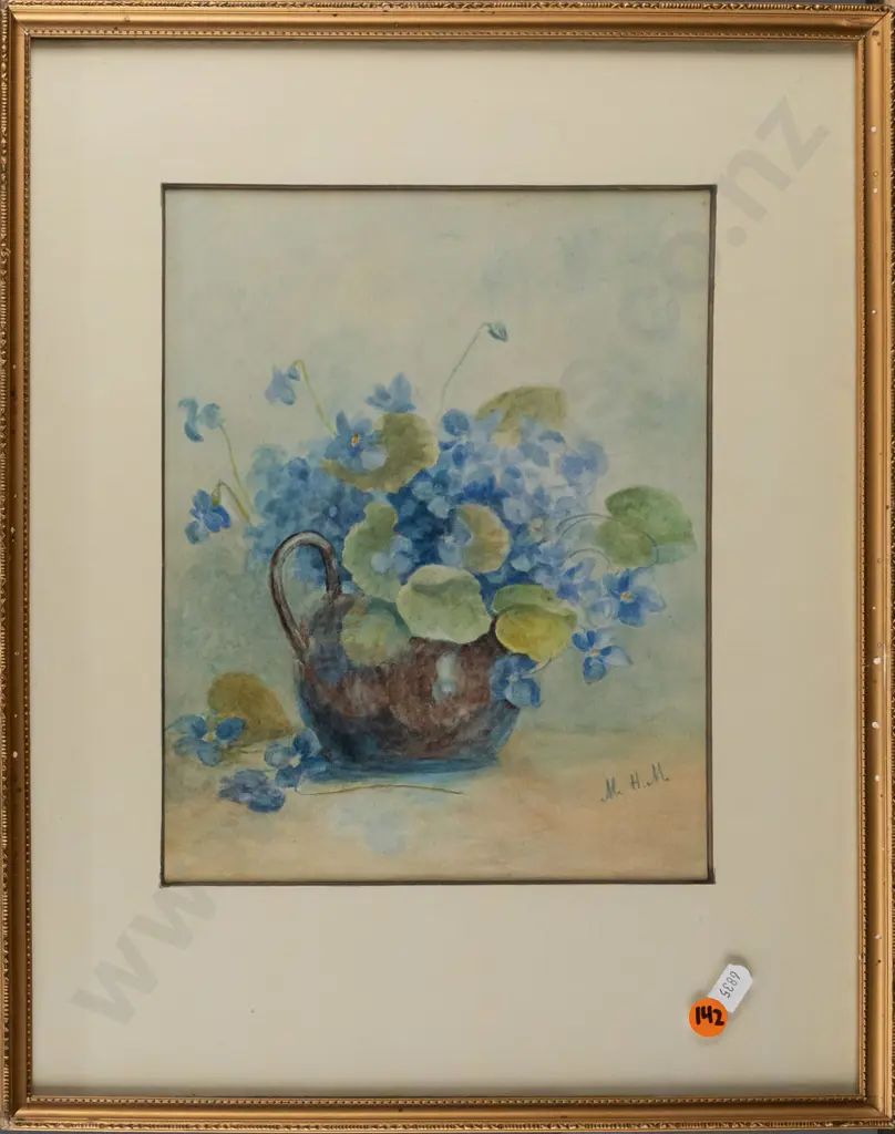 M.H.M -- framed watercolour on paper, still life w/ blue flowers in jug, H-245 W-195 [light fading] Image 1++