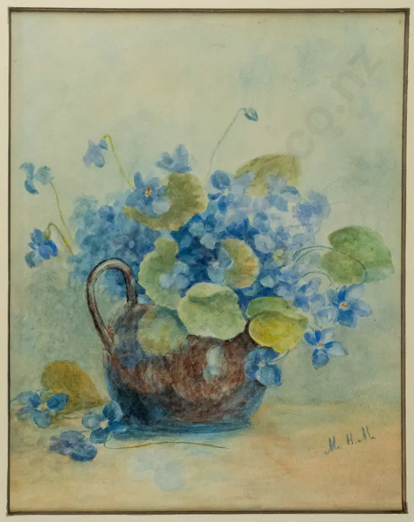 M.H.M -- framed watercolour on paper, still life w/ blue flowers in jug, H-245 W-195 [light fading] Image 1++