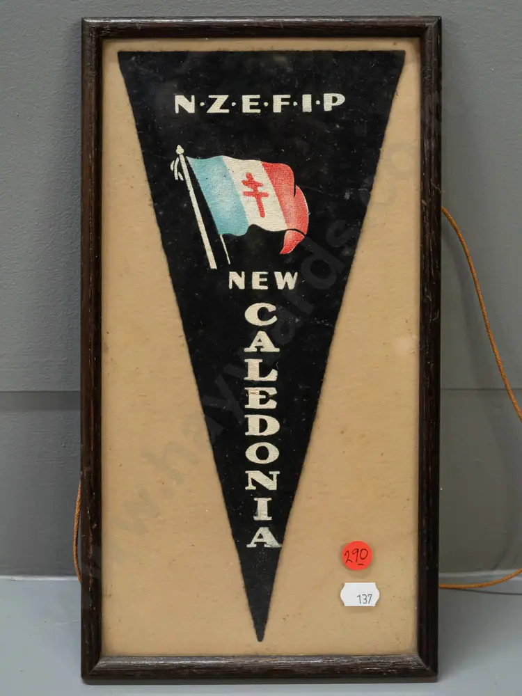 framed felt WWII-era pennant - NZEFIP New Caledonia - some staining to mat H-310 W-170 Image 1++