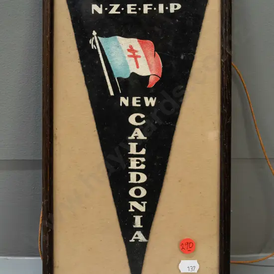 framed felt WWII-era pennant - NZEFIP New Caledonia - some staining to mat H-310 W-170