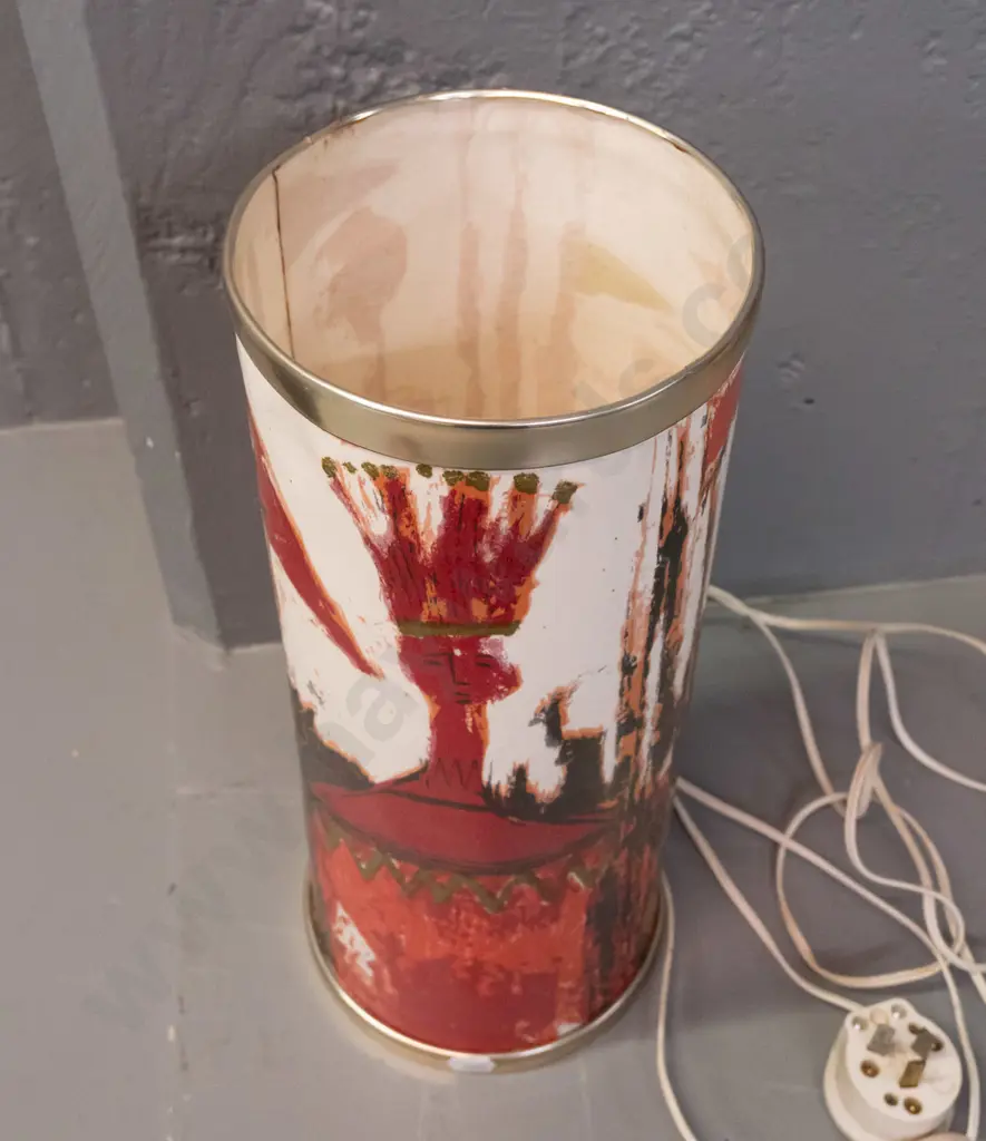 retro cylindrical table lamp with printed image on plastic shade - label on base: Tibor England / Arnold Designs, made Image 1++