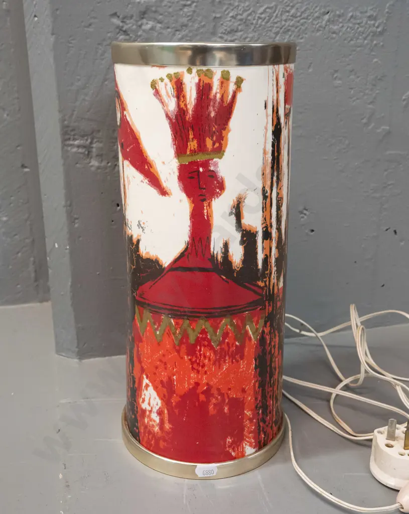 retro cylindrical table lamp with printed image on plastic shade - label on base: Tibor England / Arnold Designs, made Image 1++