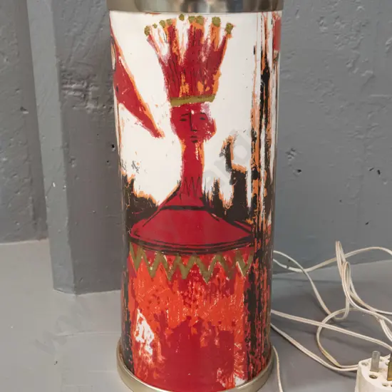 retro cylindrical table lamp with printed image on plastic shade - label on base: Tibor England / Arnold Designs, made