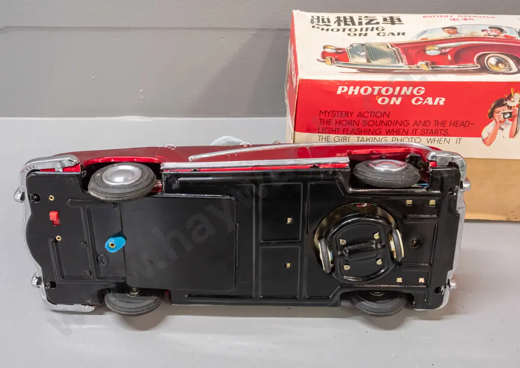 retro battery powered Chinese tin toy vehicle with driver and passenger holding a camera - in original box. Untested, Image 1++