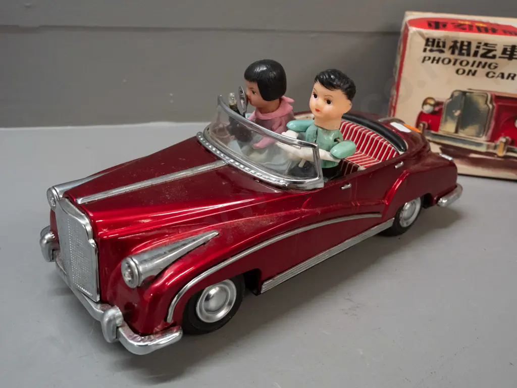 retro battery powered Chinese tin toy vehicle with driver and passenger holding a camera - in original box. Untested, Image 1++