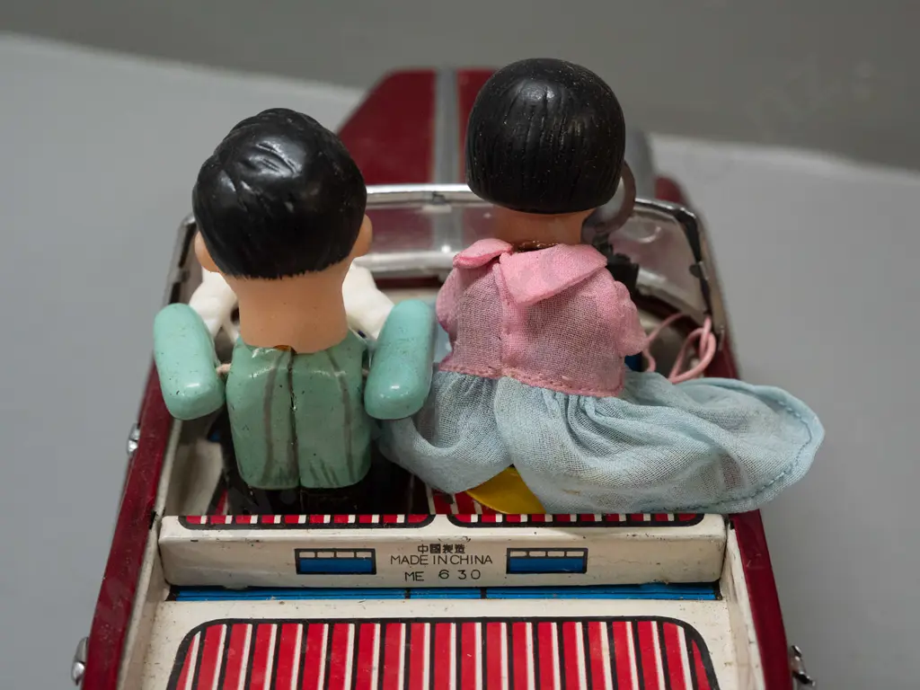 retro battery powered Chinese tin toy vehicle with driver and passenger holding a camera - in original box. Untested, Image 1++
