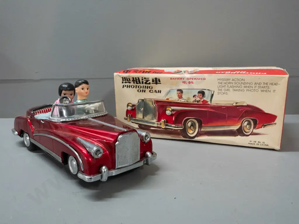retro battery powered Chinese tin toy vehicle with driver and passenger holding a camera - in original box. Untested, Image 1++