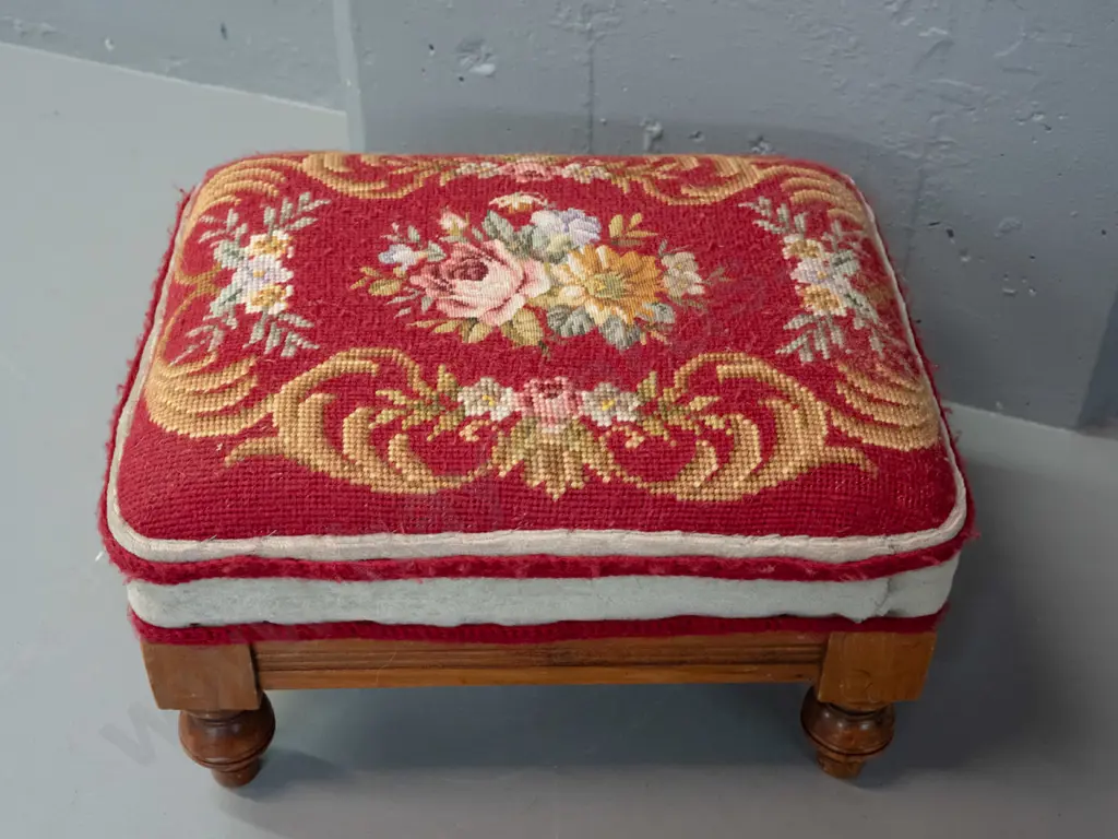 Edwardian rimu foot-stool with turned feet - chip to one foot, sporadic borer, some wear to needlework upholstery H-200 Image 1++