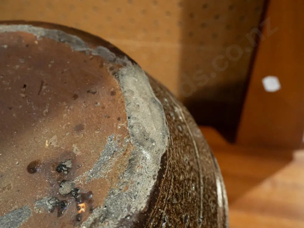 New Zealand studio pottery salt glazed pouring vessel with narrow spout, with unknown mark on side H-270 D-220 Image 1++