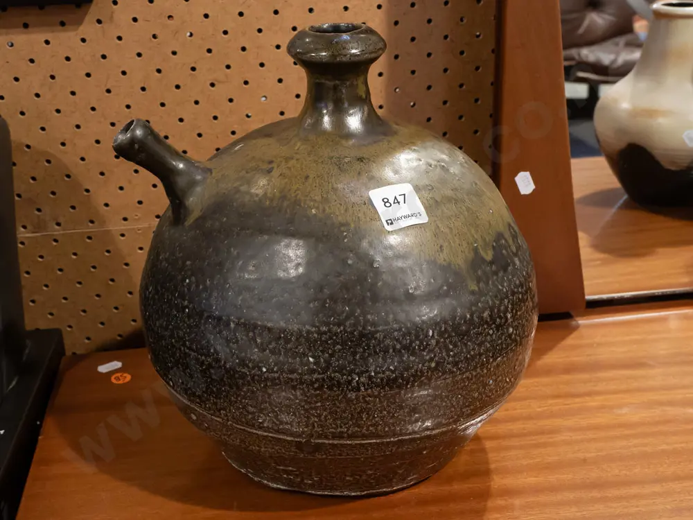 New Zealand studio pottery salt glazed pouring vessel with narrow spout, with unknown mark on side H-270 D-220 Image 1++