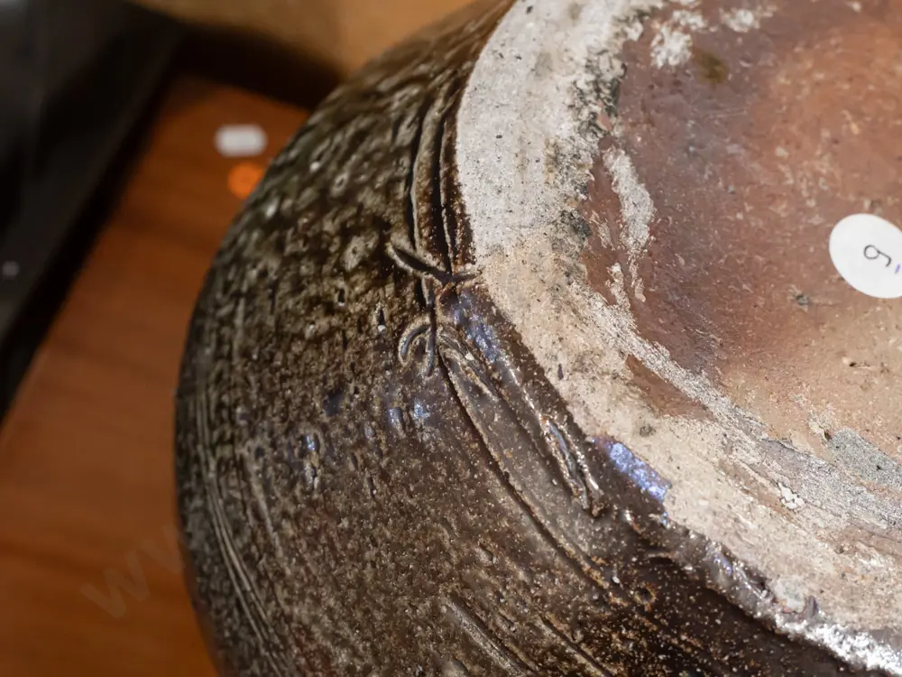 New Zealand studio pottery salt glazed pouring vessel with narrow spout, with unknown mark on side H-270 D-220 Image 1++