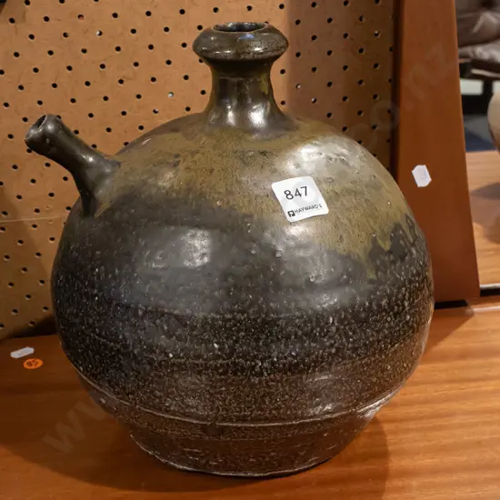 New Zealand studio pottery salt glazed pouring vessel with narrow spout, with unknown mark on side H-270 D-220