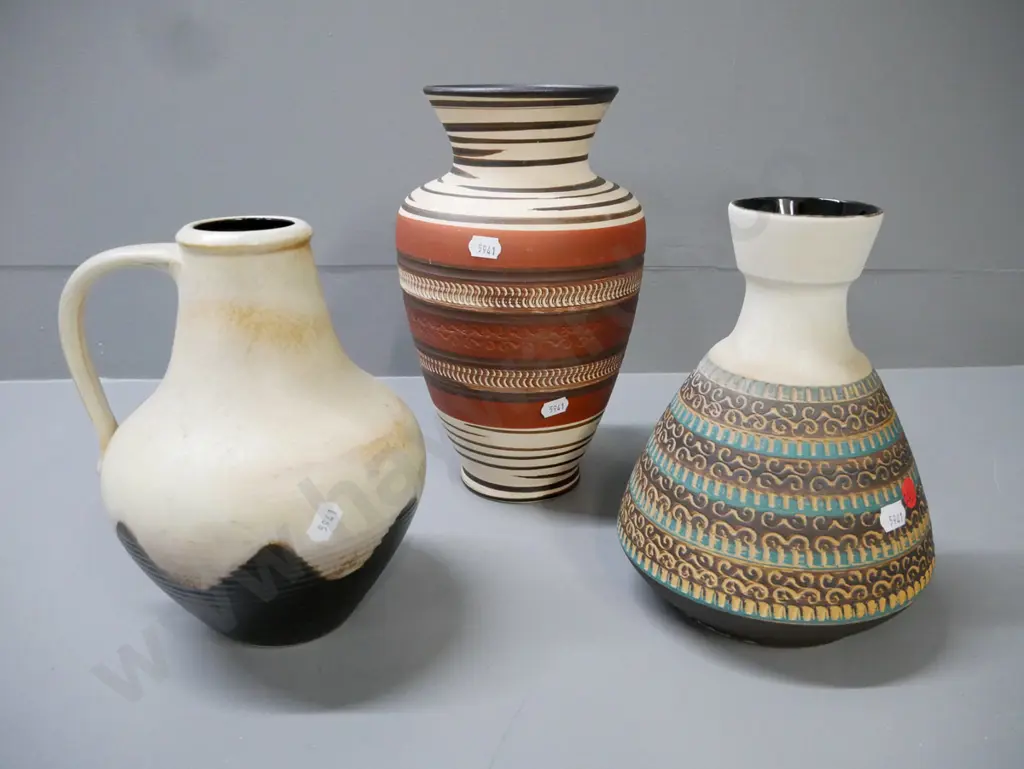 3x German pottery vases, largest H -260 W-150 [fretting to top rim of one] Image 1++