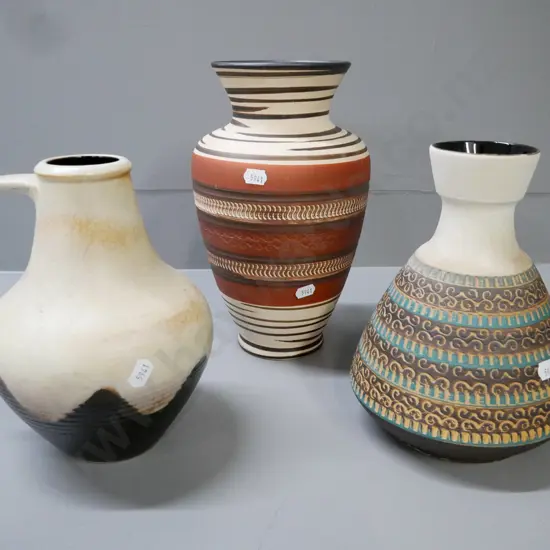 3x German pottery vases, largest H -260 W-150 [fretting to top rim of one]