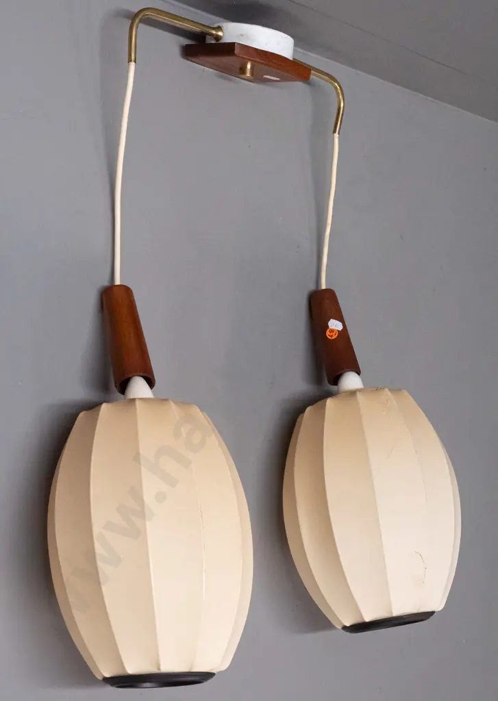retro double pendant ceiling light - mahogany and brass with faceted lantern style fabric over wire frame shades - one Image 1++
