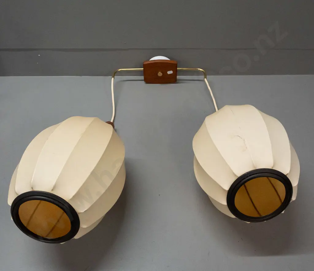 retro double pendant ceiling light - mahogany and brass with faceted lantern style fabric over wire frame shades - one Image 1++