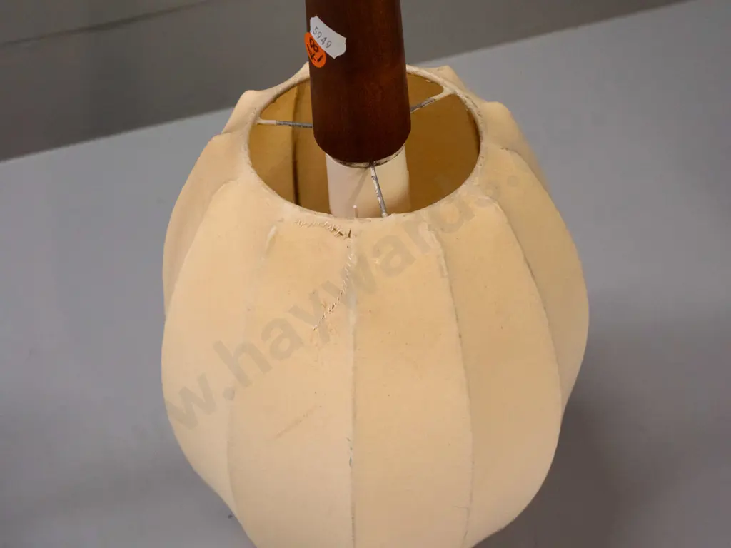 retro double pendant ceiling light - mahogany and brass with faceted lantern style fabric over wire frame shades - one Image 1++