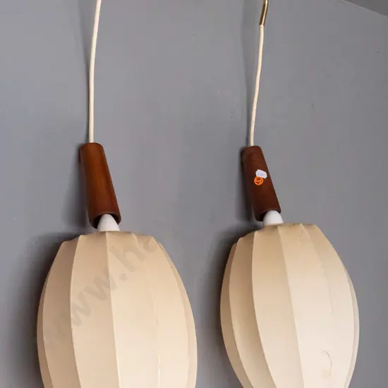 retro double pendant ceiling light - mahogany and brass with faceted lantern style fabric over wire frame shades - one